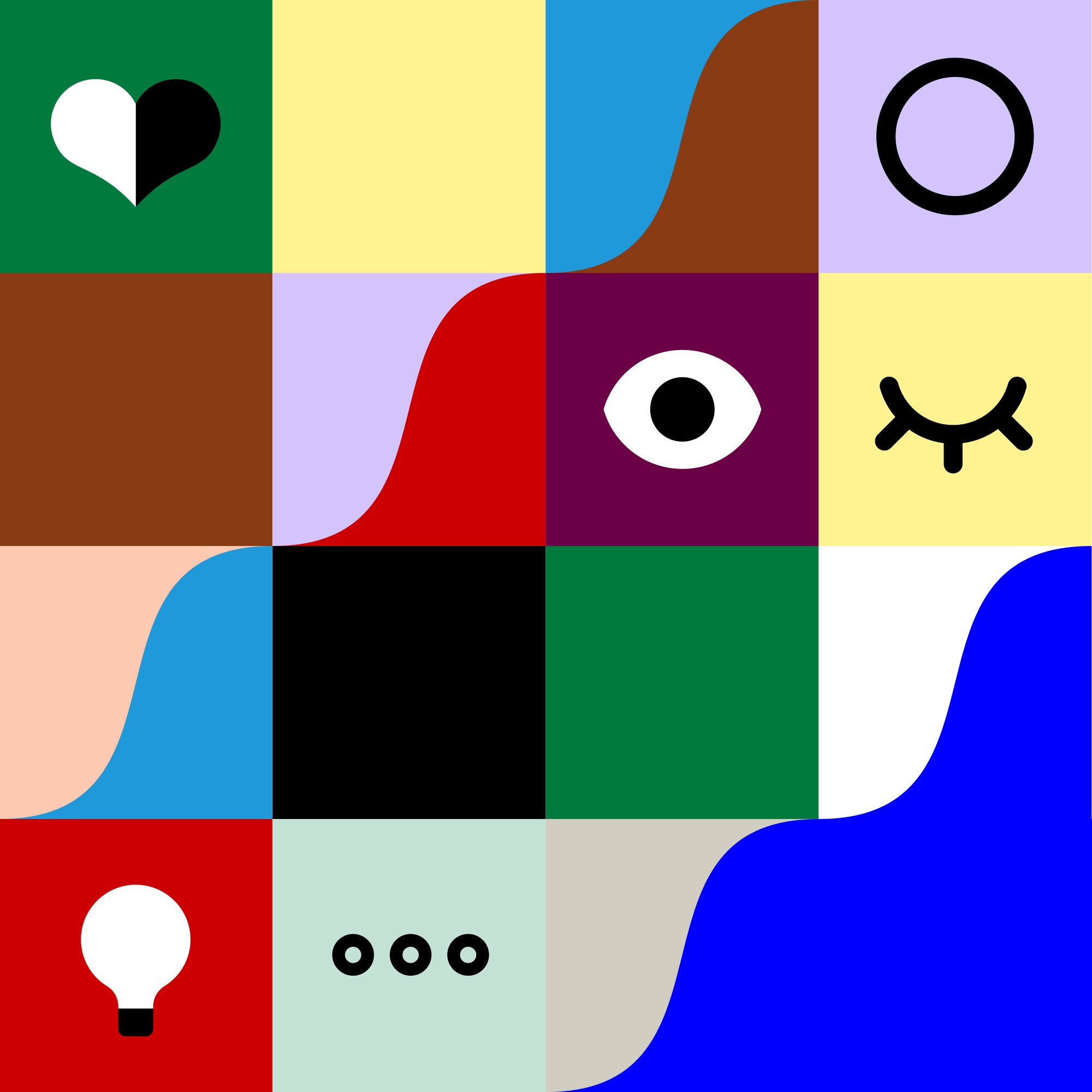 The Byens Hus identity: a colourful grid of icons — a heart, an eye, a light bulb and speech dots