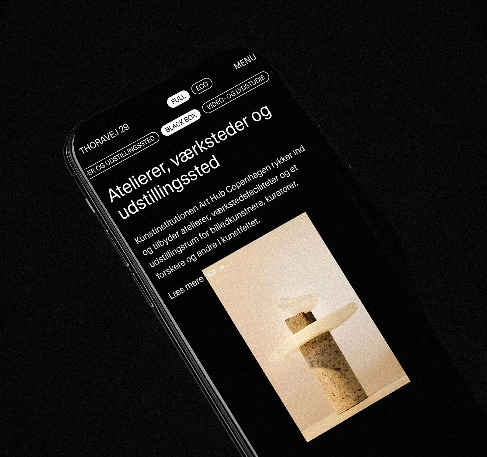 The Thoravej 29 website on a phone, presenting studios, workshops and exhibition space